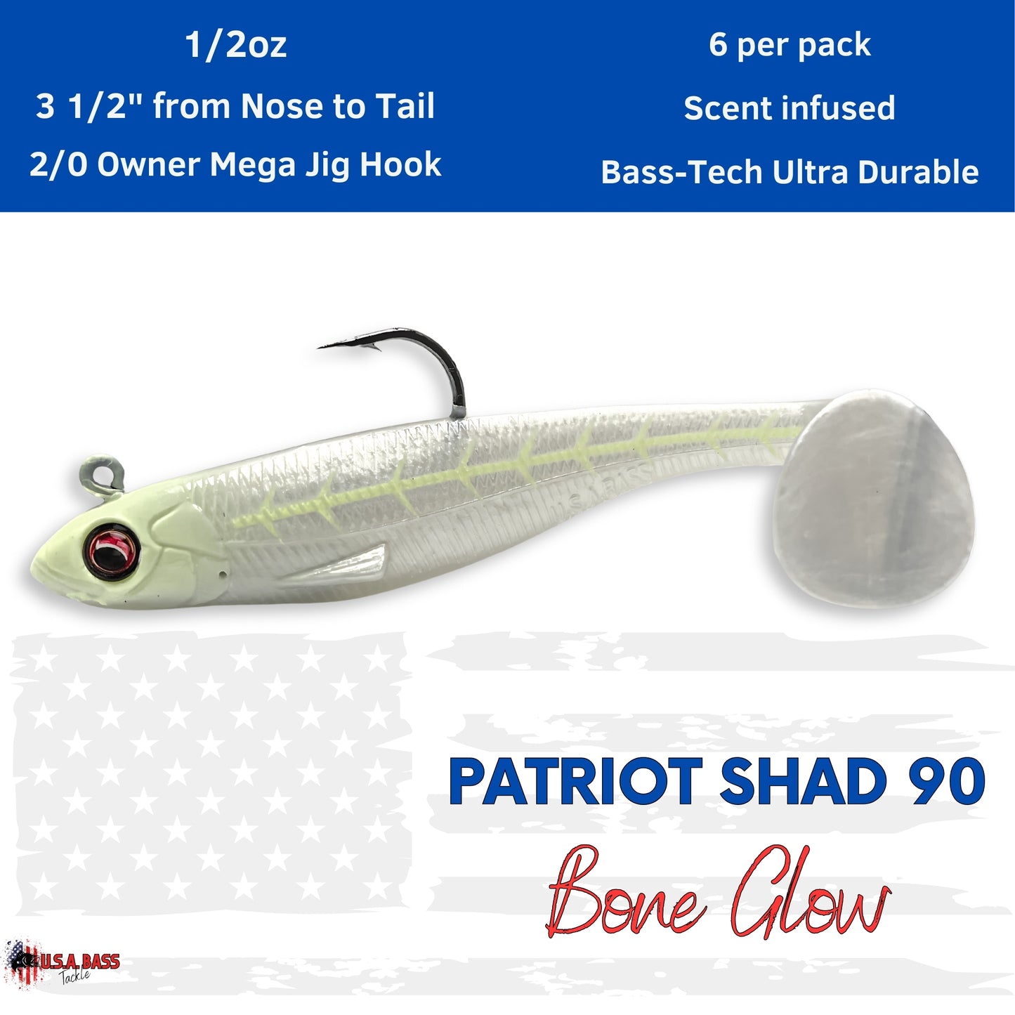 Patriot Shad Paddle Tail Swimbaits - Bone Glow