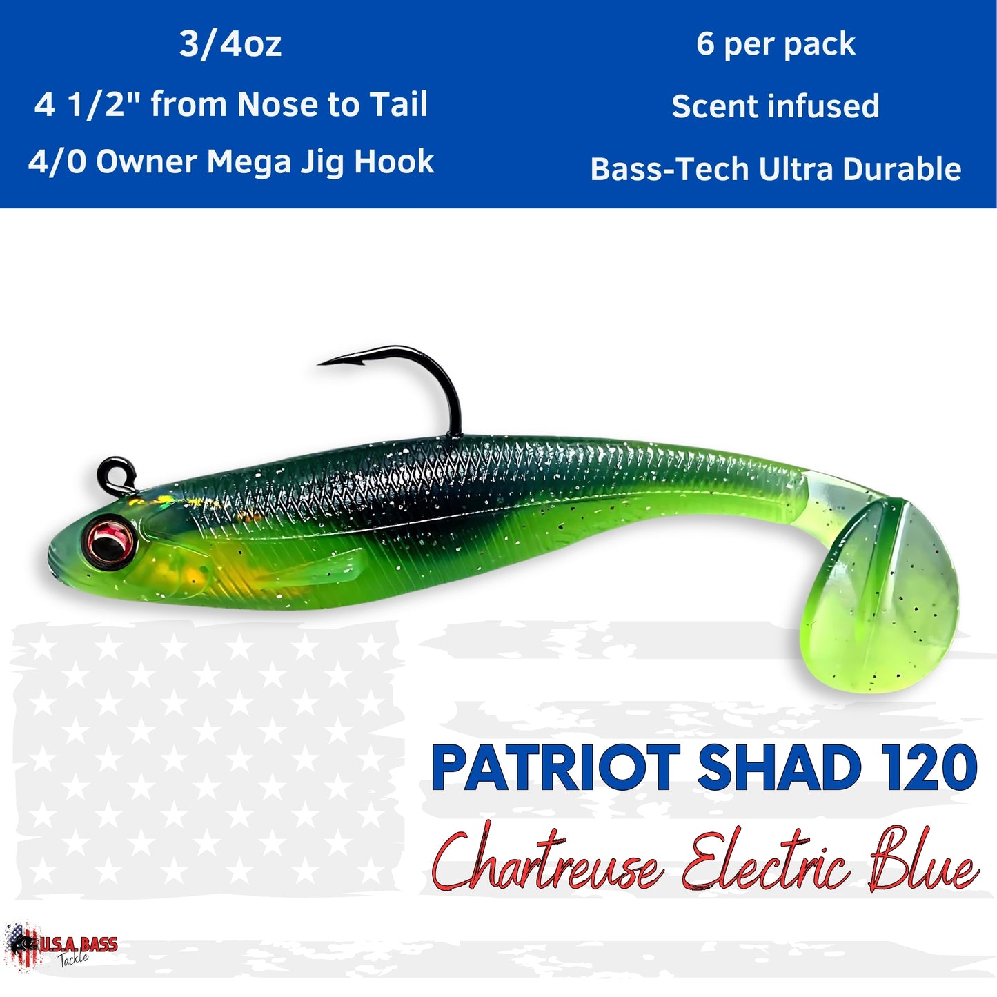 Patriot Shad Paddle Tail Swimbaits - Chartreuse Electric Blue