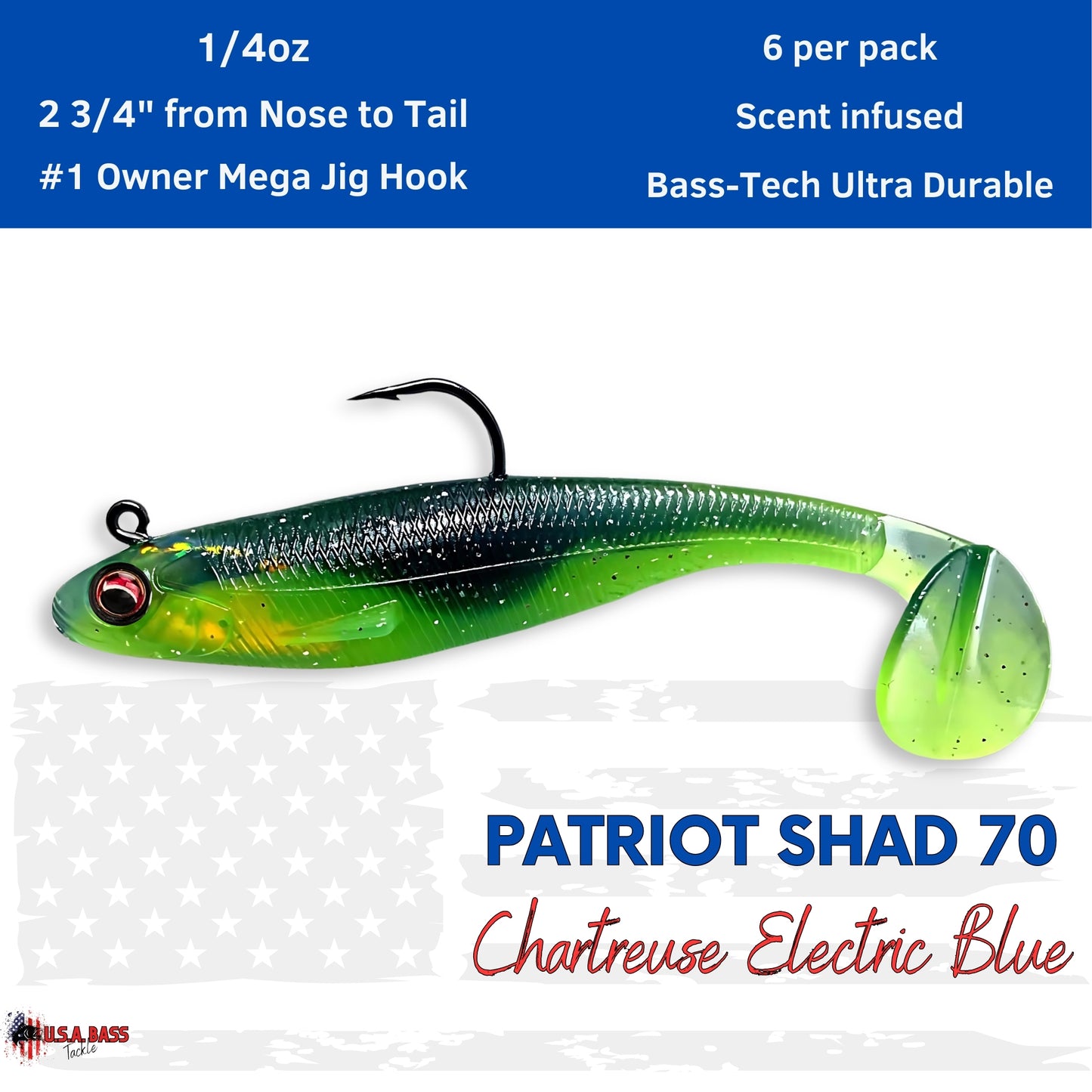 Patriot Shad Paddle Tail Swimbaits - Chartreuse Electric Blue