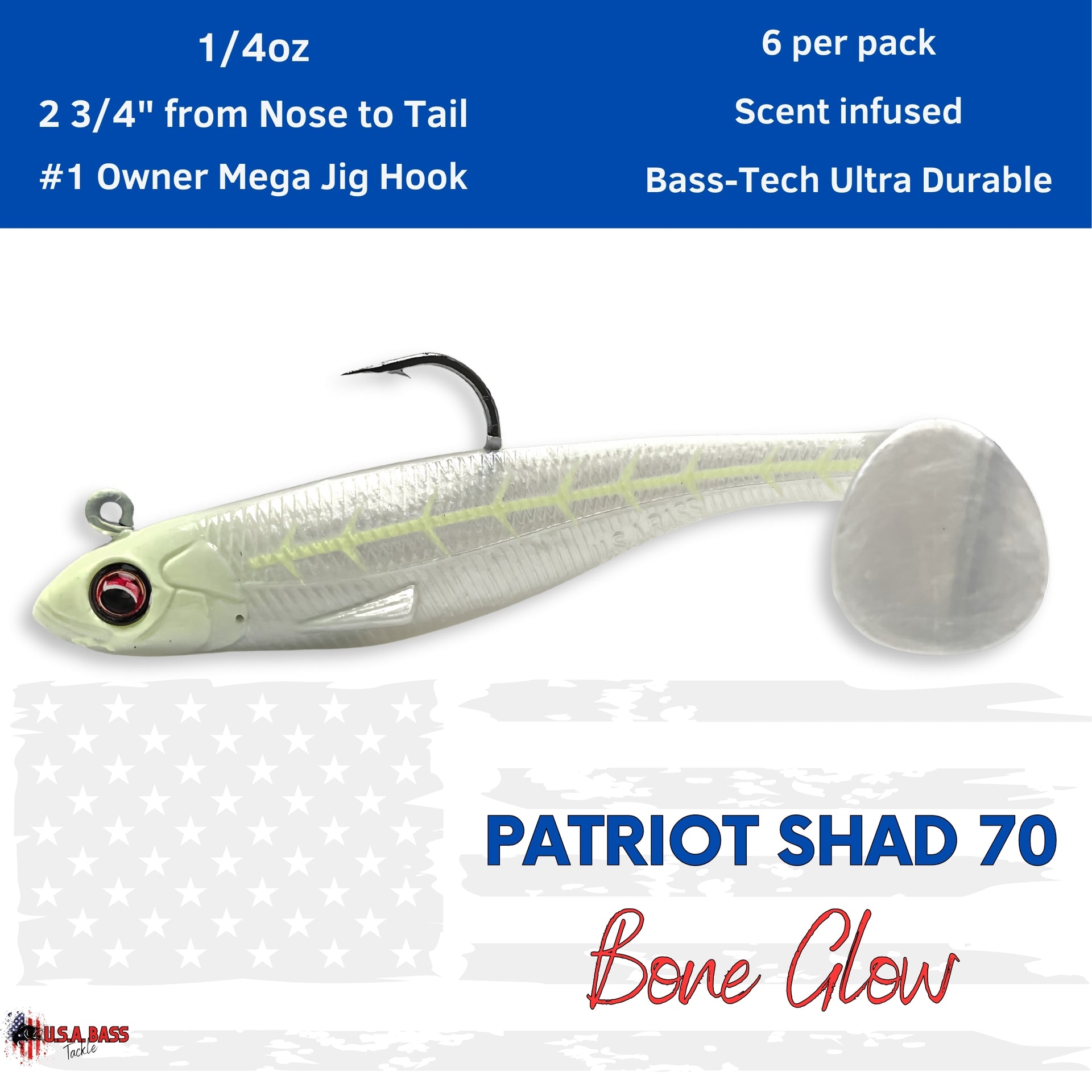 Patriot Shad Paddle Tail Swimbaits - Bone Glow