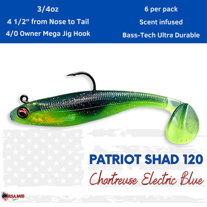 Patriot Shad Paddle Tail Swimbaits - Chartreuse Electric Blue