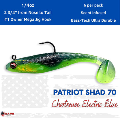 Patriot Shad Paddle Tail Swimbaits - Chartreuse Electric Blue
