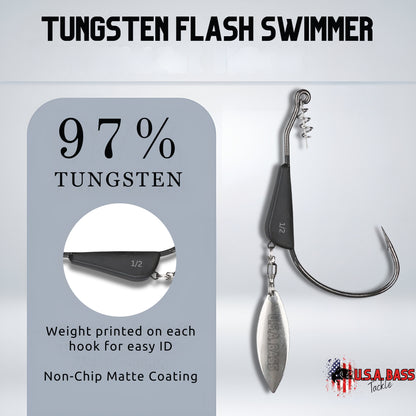 Tungsten Flash Swimmer - Weighted Underspin Weedless Swimbait Hook - 3pk
