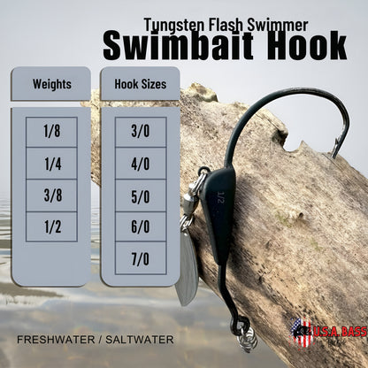 Tungsten Flash Swimmer - Weighted Underspin Weedless Swimbait Hook - 3pk